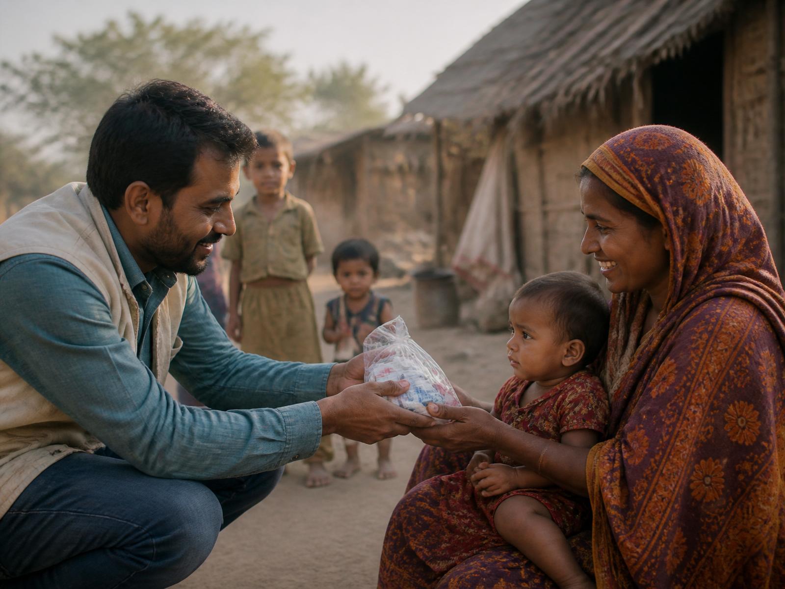 A local aid worker kneeling to hand medical supplies to a mother holding her small child β one of the families your gift reaches.